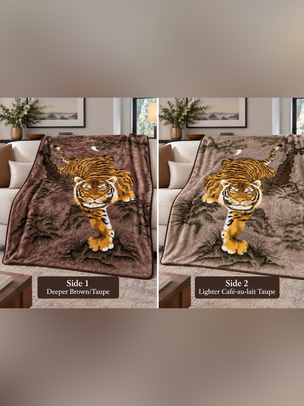 Large Tiger Mink Style Plush Blanket Reversible Heavy Soft 75” x 100” Brown